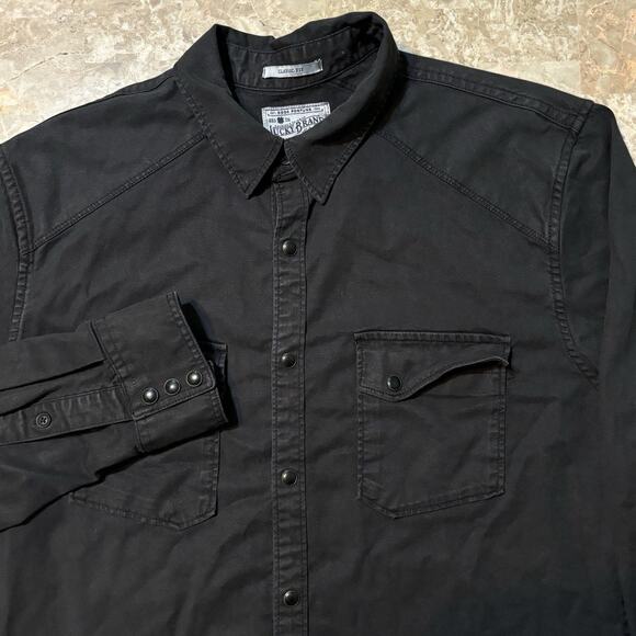 Lucky Brand Pearl Snap Shirt Mens Small Black Denim Saturday Stretch Western - Picture 1 of 13